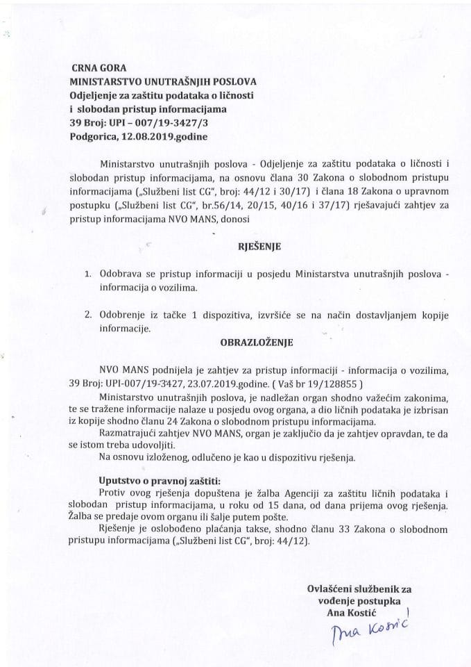 Rješenje br.UPI-007-19-3427-3