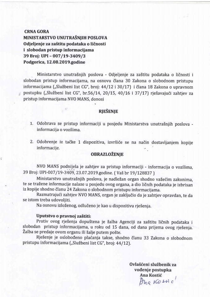Rješenje br.UPI-007-19-3409-3