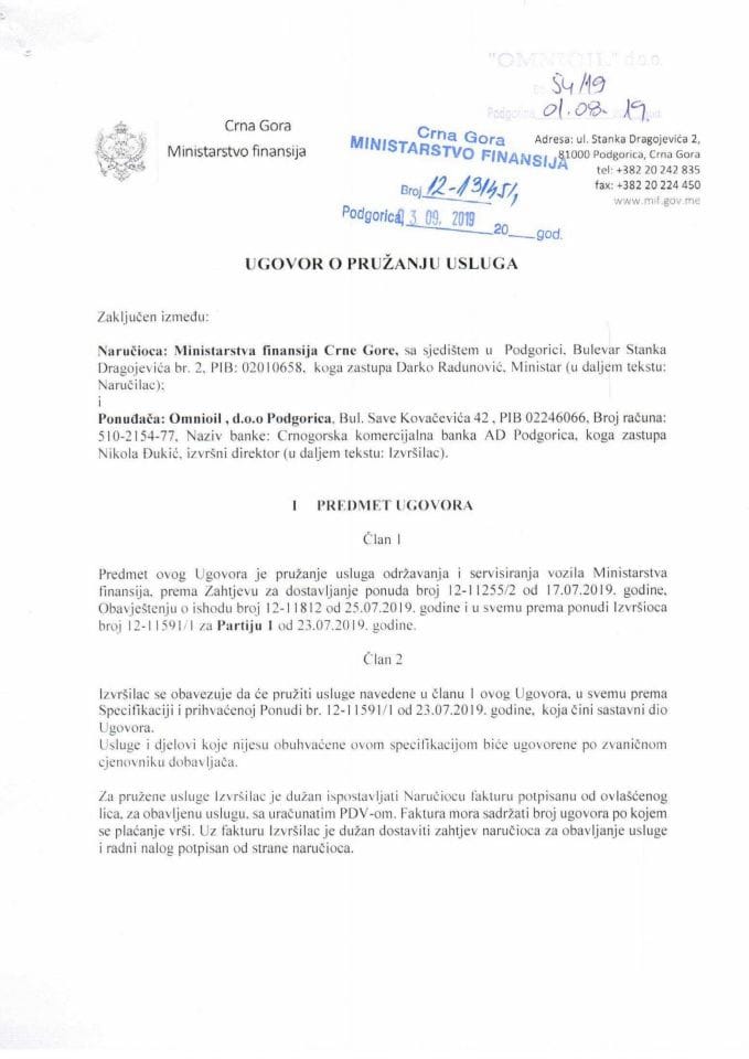 Ugovor Partija 1 Održavanje i servisiranje vozila