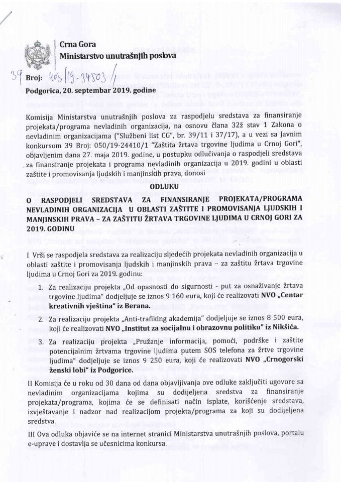 Odluka o raspodjeli sredstava za finansiranje projekata/programa NVO u oblasti zaštite i promovisanja ljudskih i manjinskih prava-za zaštitu žrtava trgovine ljudima u CG za 2019.godinu