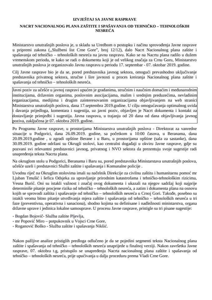 Izvještaj sa javne rasprave povodom Nacrta nacionalnog plana zaštite i spašavanja od tehničko-tehnoloških nesreća