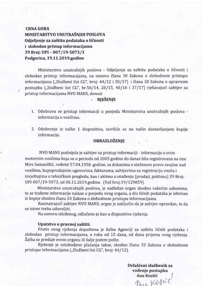 Rješenje br.UPI-007-19-5073-3