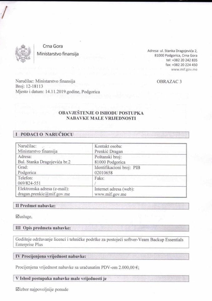 Obavjestenje  o ishodu održavanje licenci  Veam Backup Essentials Plus