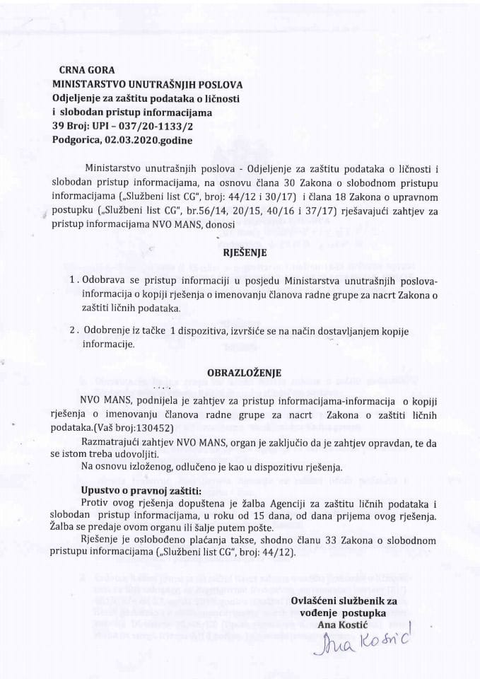 Rješenje br.UPI-037-20-1133-2