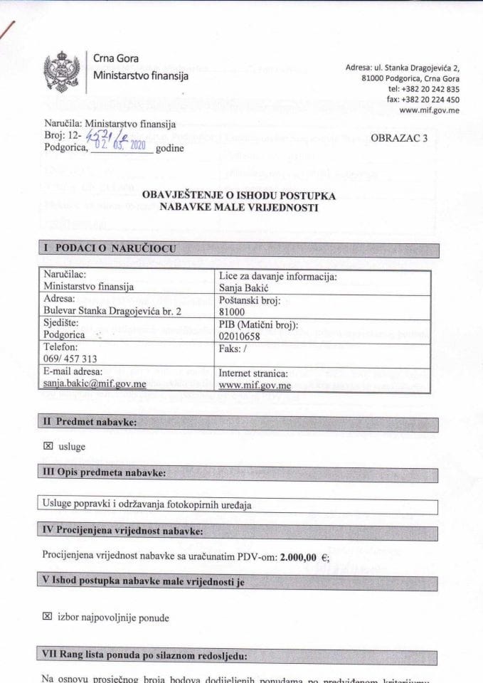 Obavjestenje o ishodu