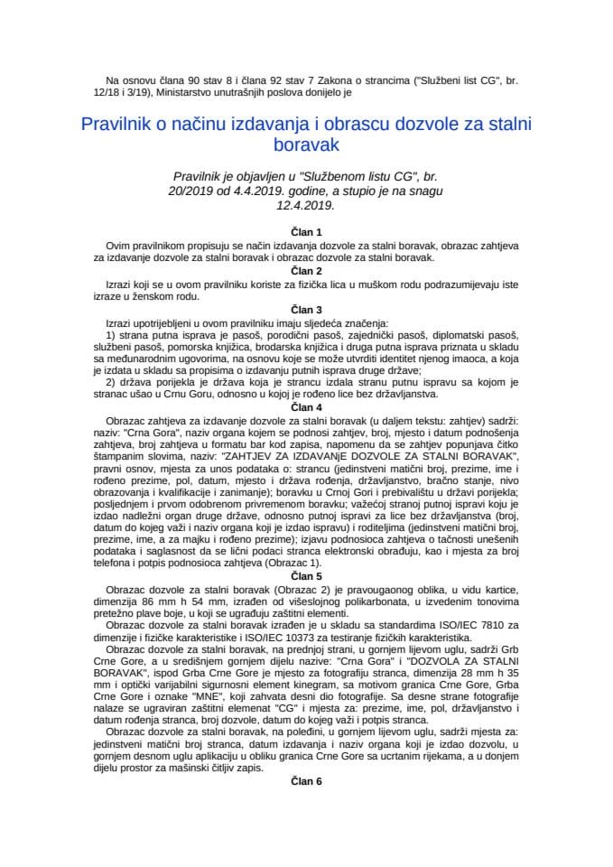 Pravilnik o načinu izdavanja i obrascu dozvole za stalni boravak