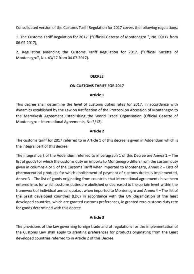 Decree on Customs Tariff for 2017 with Annex 4 - LDC list