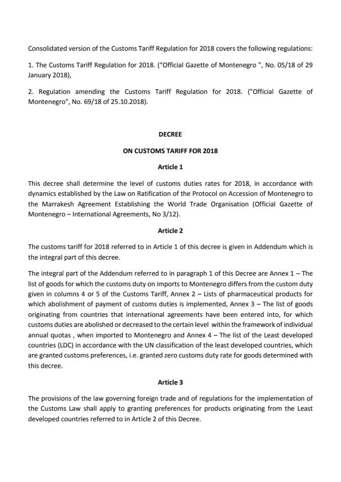 Decree on Customs Tariff for 2018 with Annex 4 - LDC list