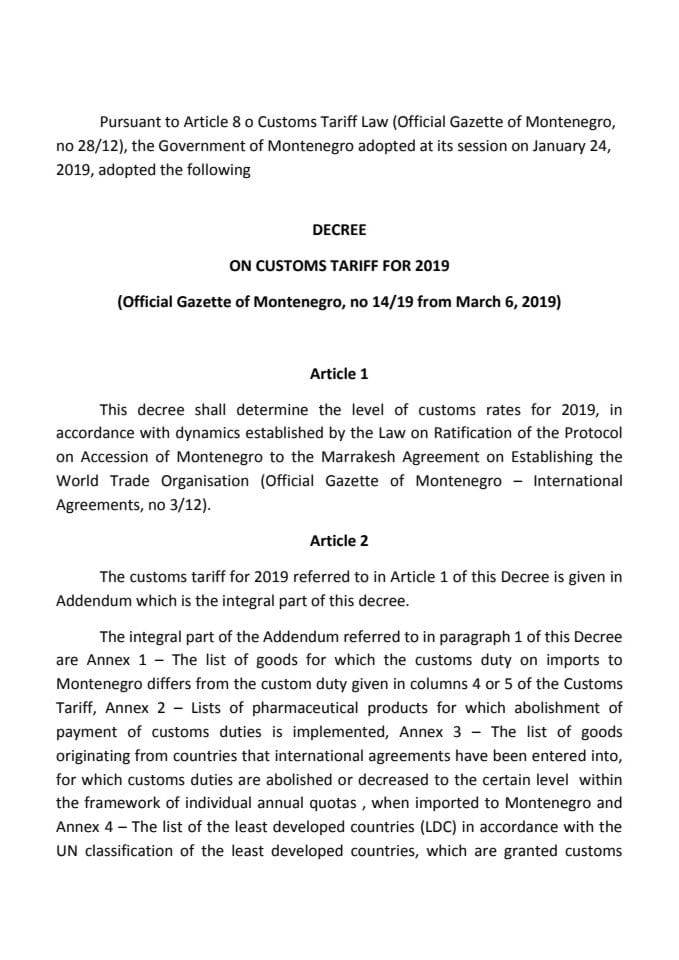 Decree on Customs Tariff for 2019 with Annex 4 - LDC list