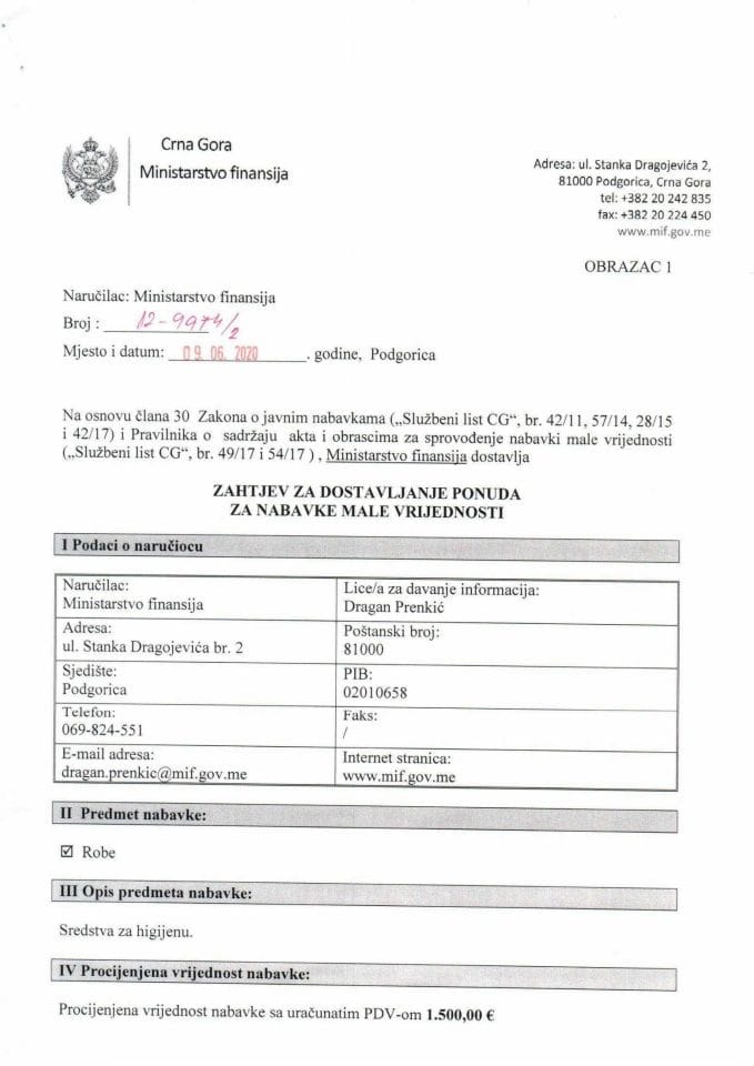 Zahtjev za dostavljanje ponuda higijena