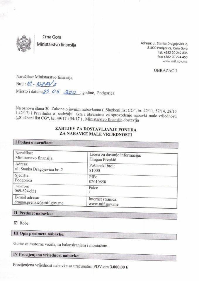 Zahtjev za dostavljanje ponuda nabavka guma za motorna vozila