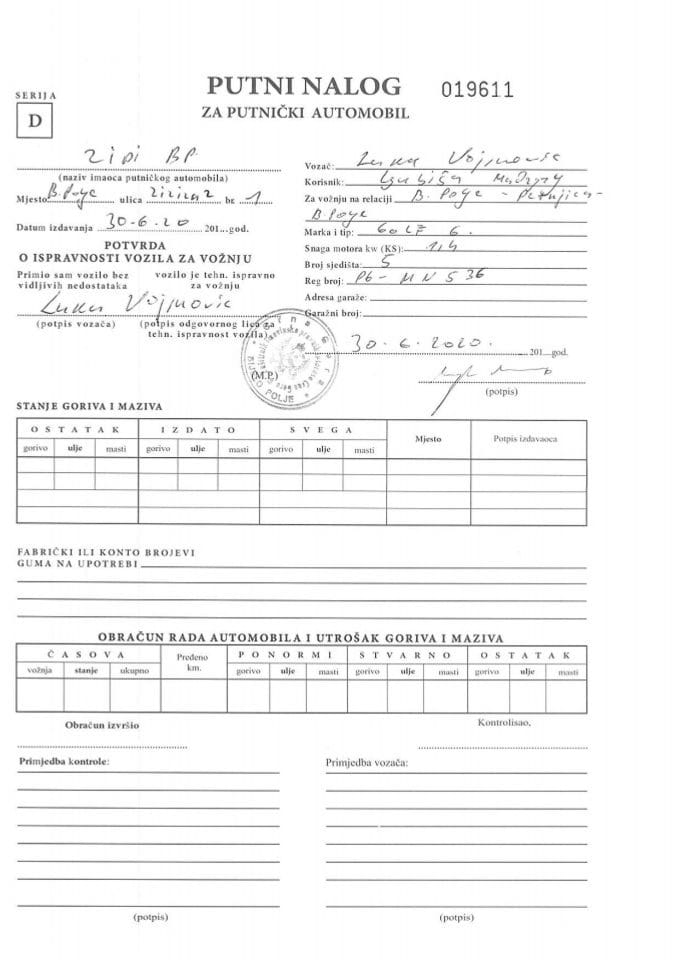 Putni nalog od 29.06. do 03.07.2020. godine BP