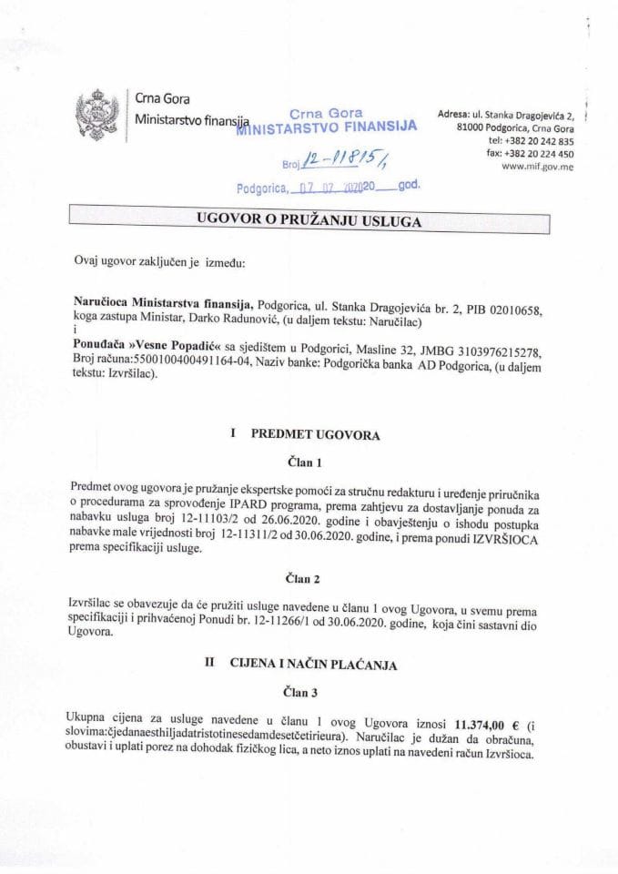 Ugovor ekspertska pomoc strucna redaktura