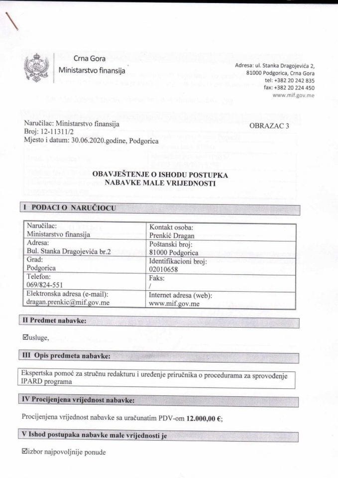 Obavjestenje o ishodu ekspertska pomoc