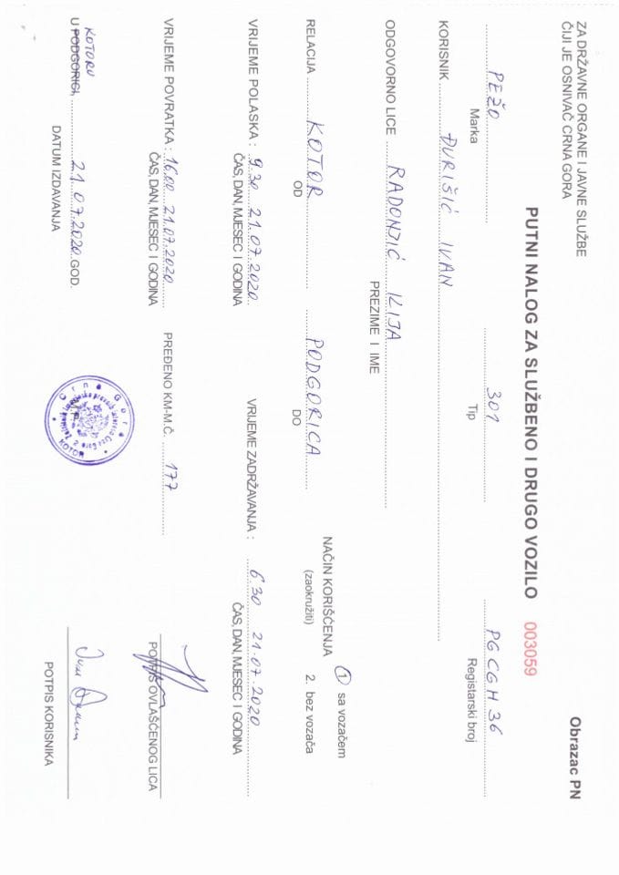 Putni nalozi od 20.07. do 24.07.2020. godine KO