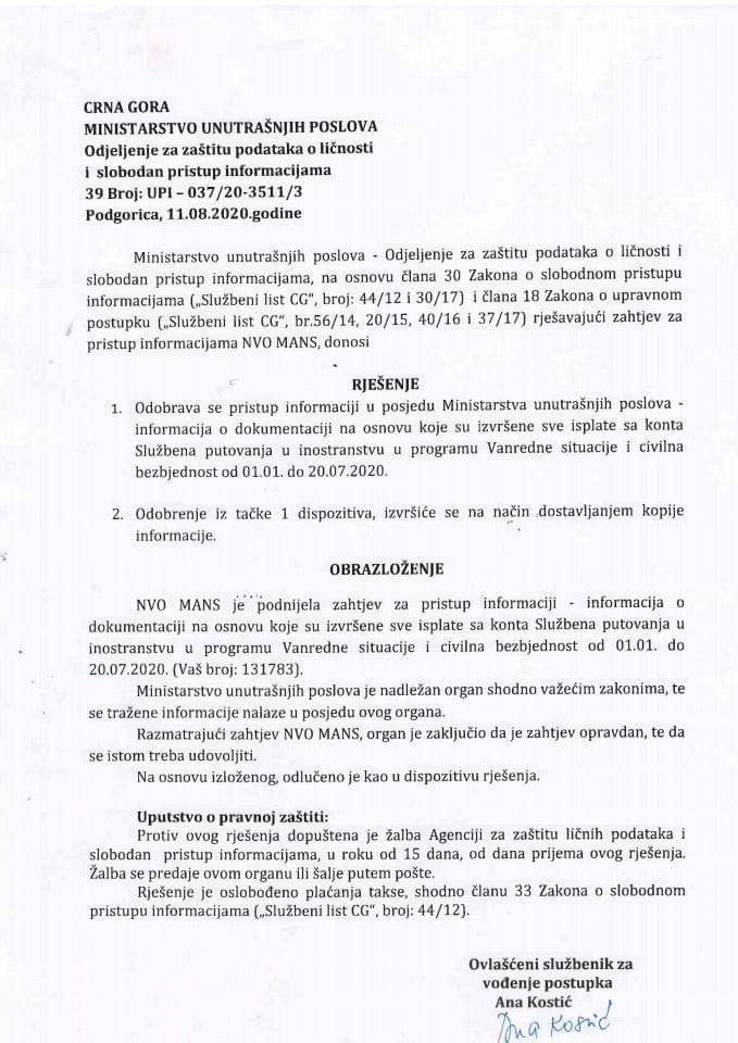 Rješenje br.UPI-037-20-3511-3