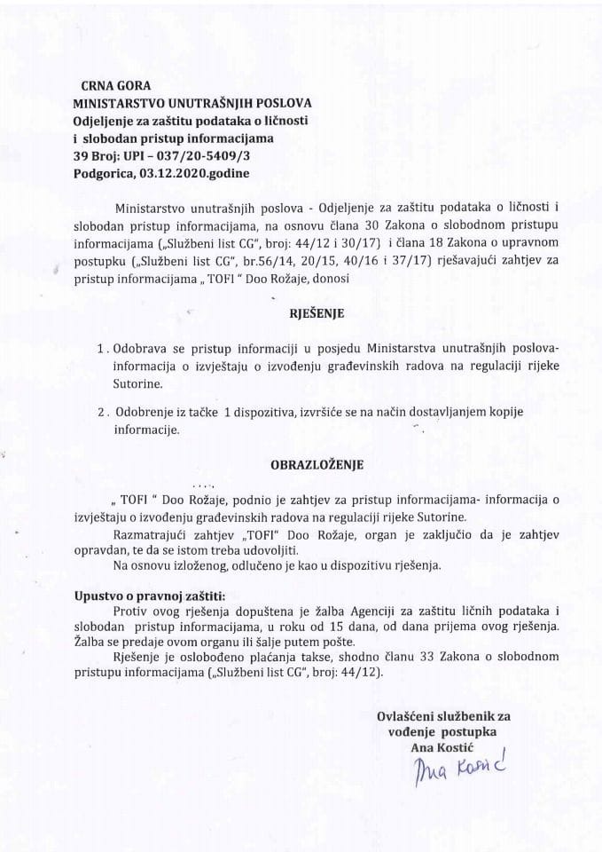 Rješenje br.39 UPI-037-20-5409-3