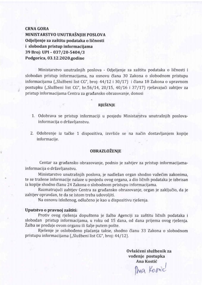 Rješenje br.39 UPI-037-20-5404-3