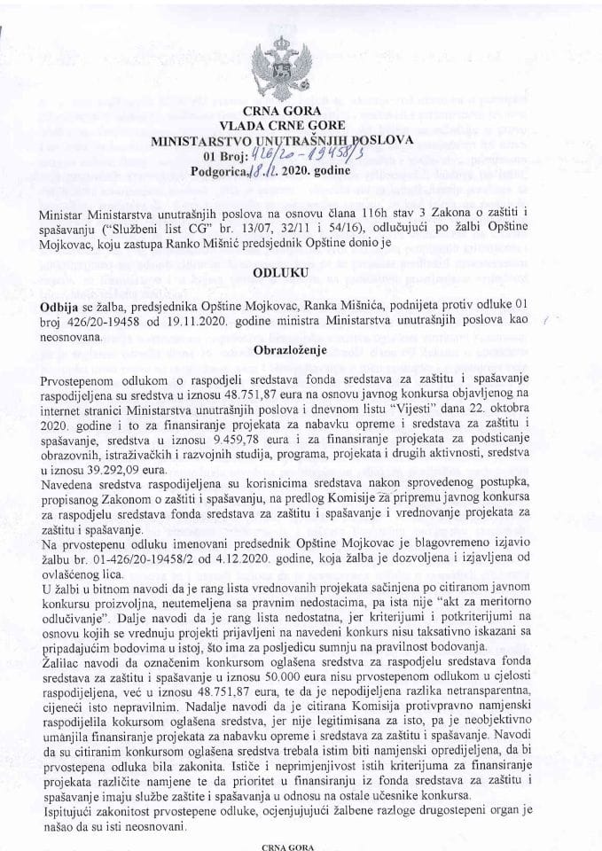 Odluka povodom žalbe Opštine Mojkovac