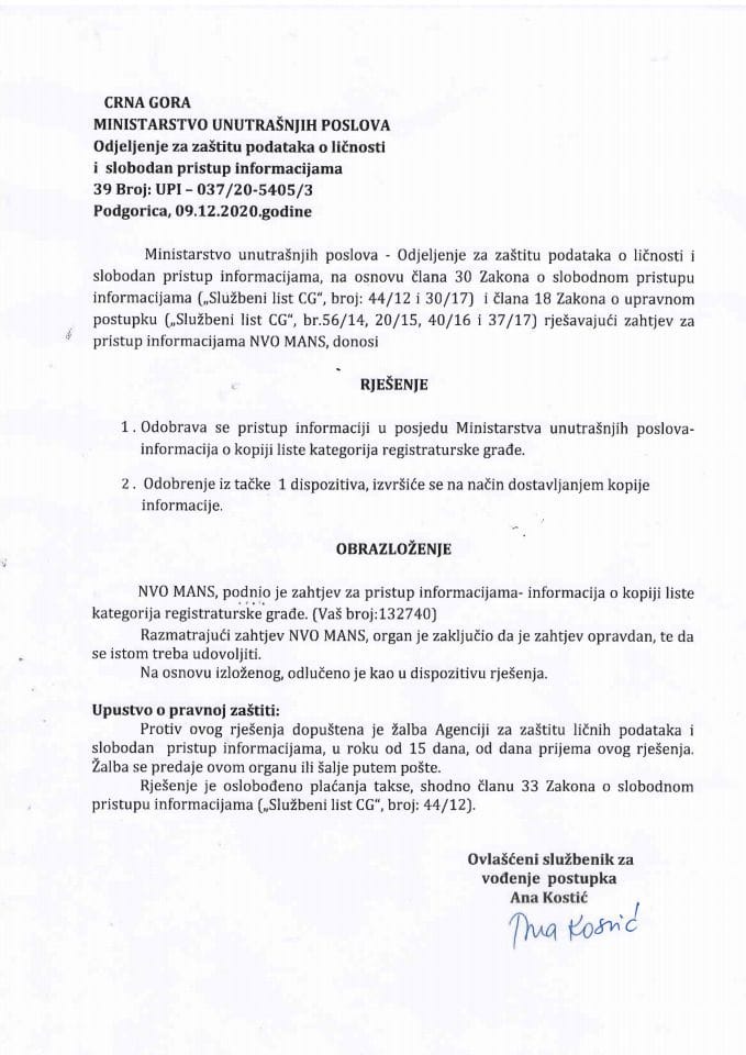 Rješenje br.39 UPI 037-20-5405-3