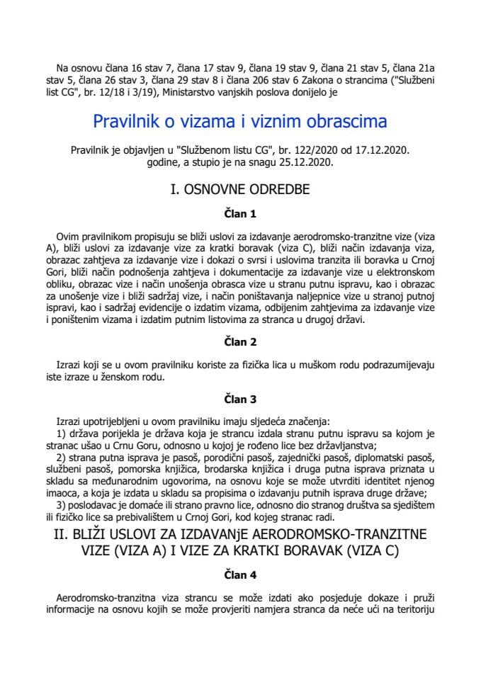 Pravilnik o vizama i viznim obrascima ("Službeni list Crne Gore", br. 122/20)