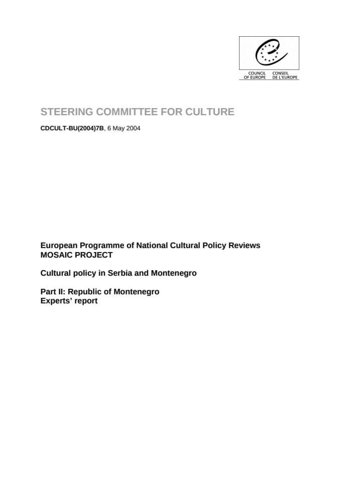 Cultural policy: Republic of Montenegro - Experts report