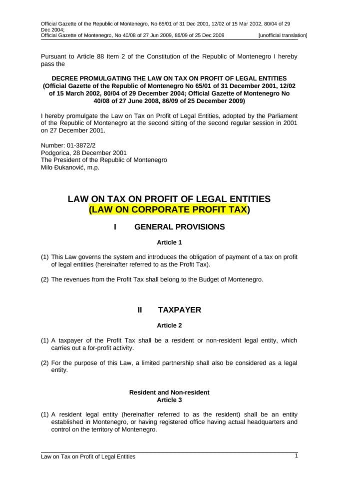 Law on Tax on Profit of Legal Entities
