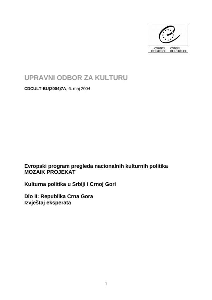 Kulturna politika: Republika Crna Gora - Izvještaj eksperata