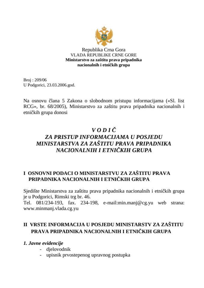 Vodič za pristup informacijama u posjedu Ministarstva