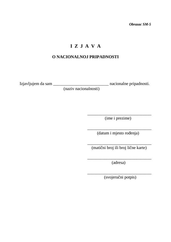 Obrazac SM-5 - IZJAVA O NACIONALNOJ PRIPADNOSTI