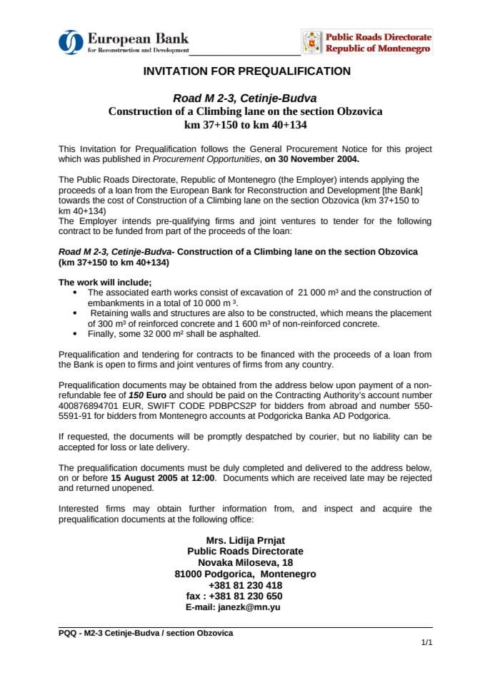 Invitation for pregualification: Road M 2-3, Cetinje - Budva 