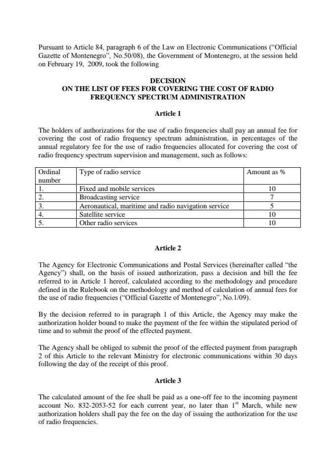 DECISIOM ON THE LIST OF FEES FOR COVERING THE COST OF RADIO FREQUENCY SPECTRUM  ADMINISTRATION