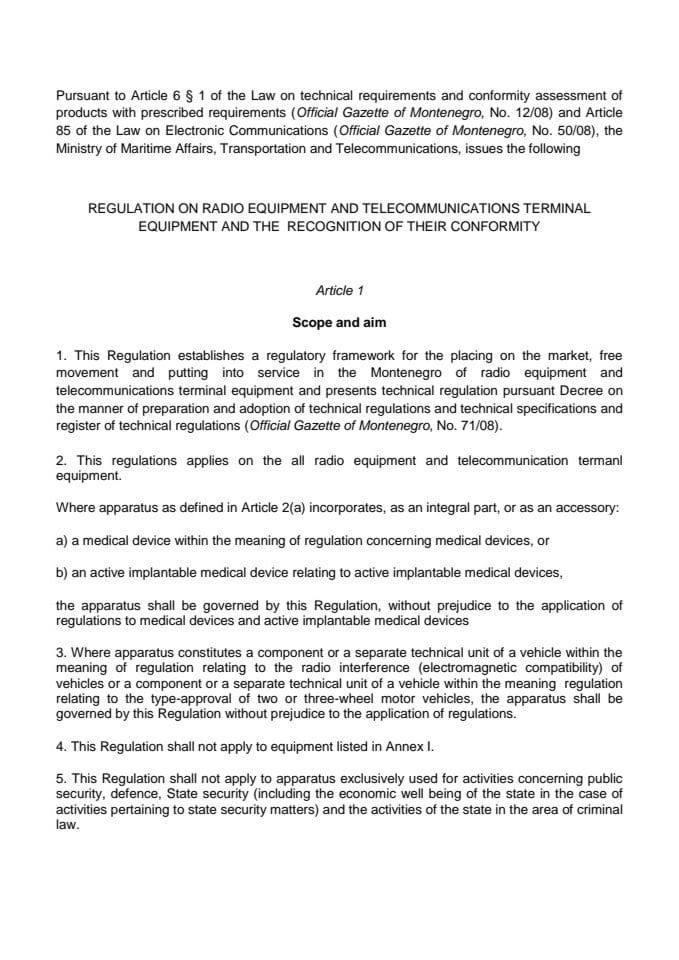 REGULATION ON RADIO EQUIPMENT AND TELECOMMUNICATIONS TERMINAL EQUIPMENT AND THE RECOGNITION OF THEIR