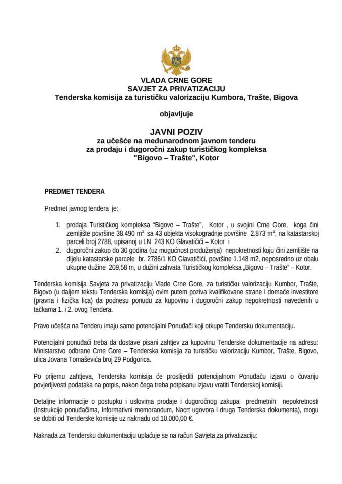 Javni poziv za prodaju i dugoročni zakup turističkog kompleksa "Bigovo  Trašte", Kotor  