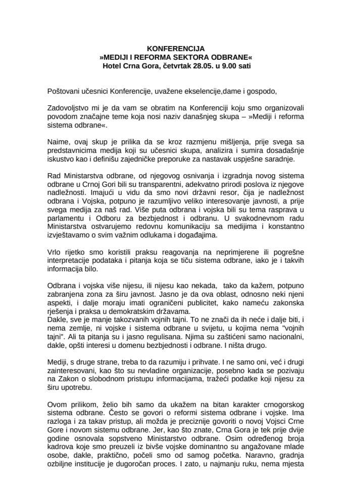 Ministar odbrane Boro Vučinić otvorio konferenciju Mediji i reforma sektora odbrane