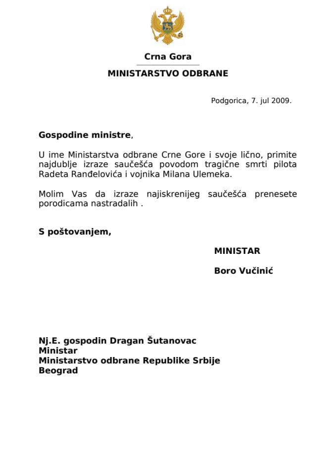 Saopštenje: Ministar odbrane Boro Vučinić uputio telegram saučešća ministru odbrane Republike Srbije