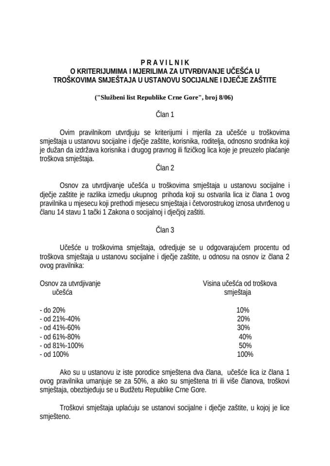 Pravilnik o kriterijumima i mjerilima za utvrđivanje učešća u troškovima smještaja u ustanovu socija