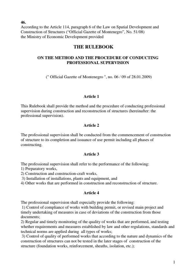 Rulebook on the method and the procedure of conducting professional supervision