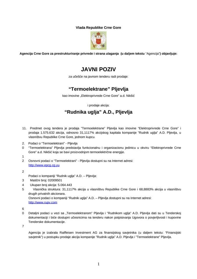 Javni poziv za učešće na javnom tenderu radi prodaje "Termoelektrane" Pljevlja i prodaje akcija "Rud