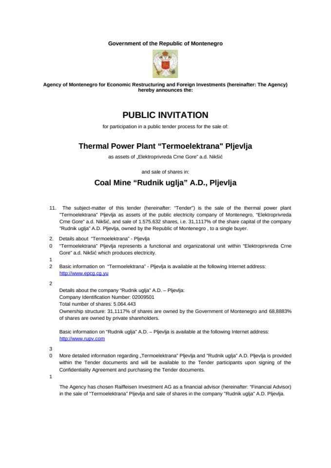 Public invitation for participation in public tender process for sale of Thermal Power Plant Pljevlja
