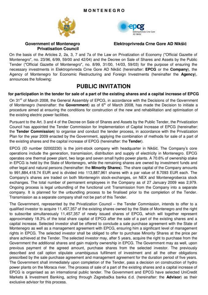 Public invitation for participation in tender for sale of part of existing shares and capital increase of EPCG