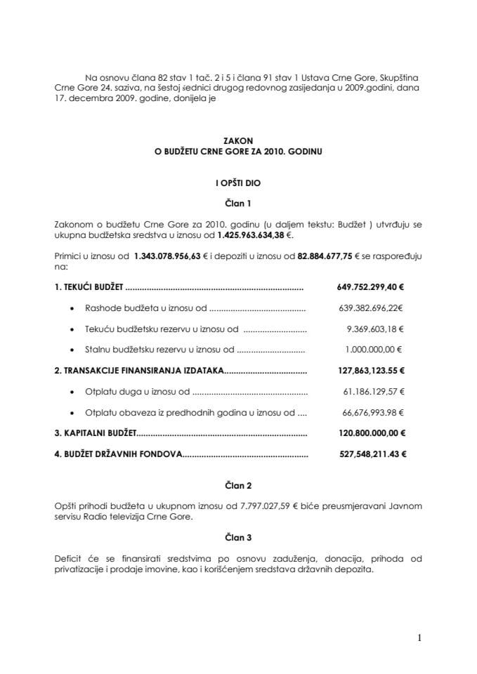 Zakon o Budžetu Republike Crne Gore za 2010. godinu