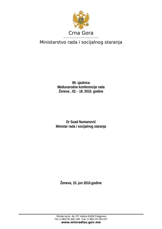 Govor ministra rada i socijalnog staranja Suada Numanovića na Međunarodnoj konferenciji rada u Ženevi, 15.06.2010. 