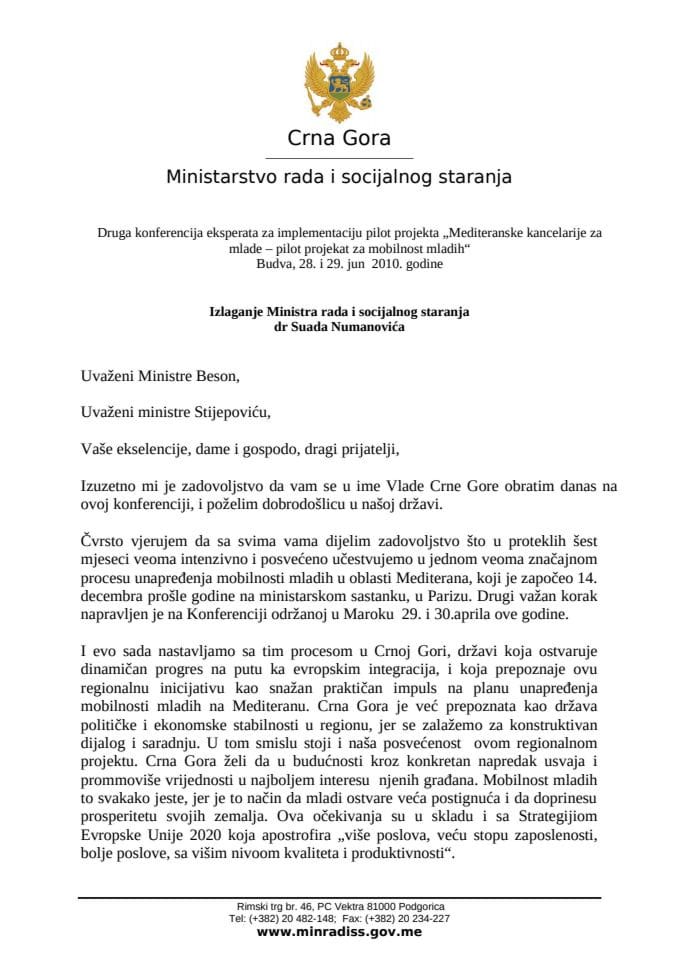 Govor ministra rada i socijalnog staranja Suada Numanovića na drugoj konferenciji eksperata za implementaciju projekta “Mediteranske kancelarije za mlade – pilot projekat za mobilnost mladih” u Budvi