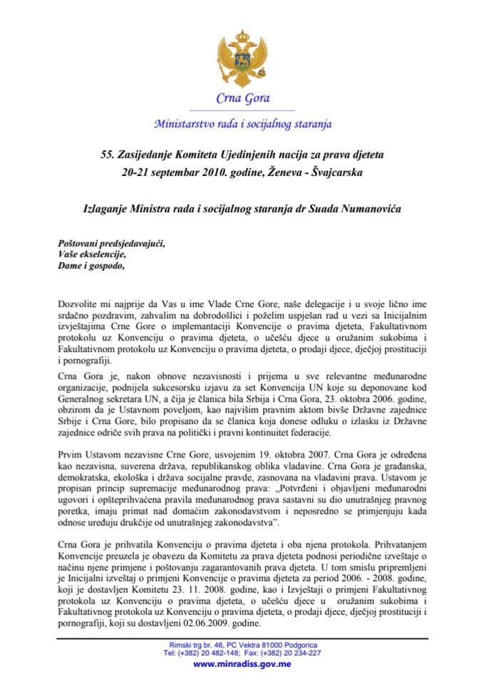 Govor ministra Numanovića na 55. zasijedanju Komiteta Ujedinjenih nacija za prava djeteta u Ženevi