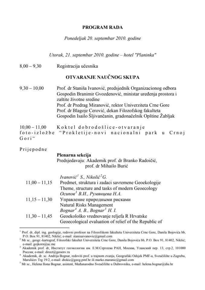 Program rada na međunarodniom simpozijumu Geoeco 2010 na Žabljaku