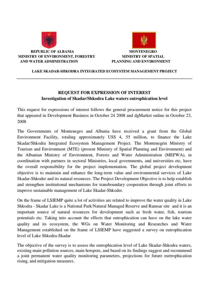 Poziv utvrdjivanje nivoa eutrofikacije Skadarskog Jezera
