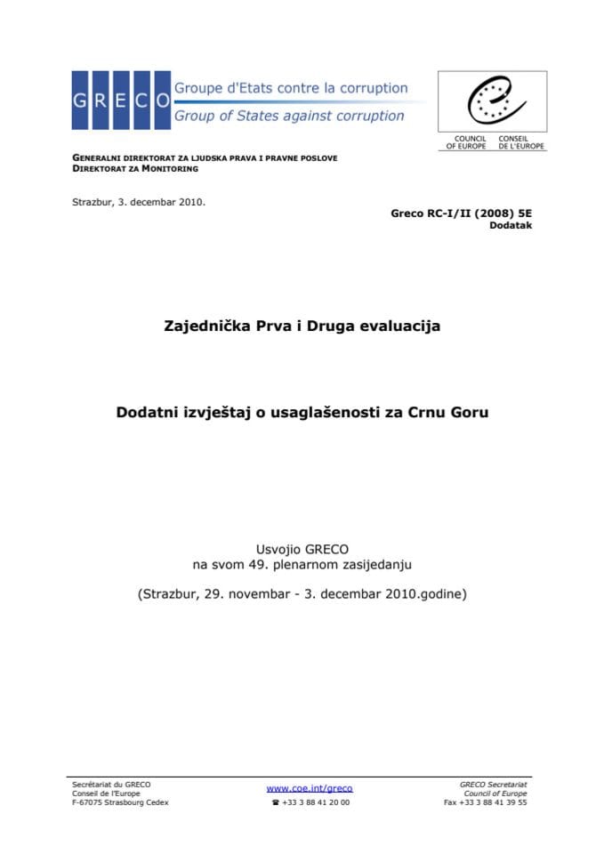 GRECO izvještaj (Zajednička Prva i Druga evaluacija - Dodatni izvještaj o usaglašenosti za Crnu Goru)