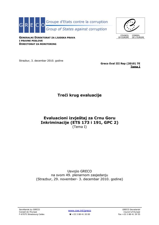 GRECO izvještaj (Treći krug evaluacije - Evaluacioni izvještaj za Crnu Goru - Inkriminacije)