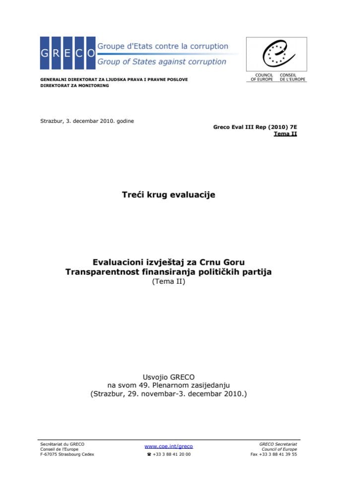 GRECO izvještaj (Treći krug evaluacije - Evaluacioni izvještaj za Crnu Goru - Transparentnost finansiranja političkih partija)